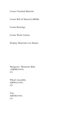 Create Finished Material
Create Bill of Material (BOM)
Create Routings
Create Work Centres
Display Materials List Report
Mongoose Mountain Bike
(ORMG1###)
(1)
Wheel Assembly
(ORWA1###)
(2)
Tire
(ORTR1###)
(1)
 
