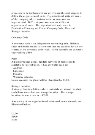 processes to be implemented are determined the next stage is to
define the organisational units. Organisational units are areas
of the company where various business processes are
implemented. Different processes can use different
organisational units. The organisational units used in
Production Planning are Client, CompanyCode, Plant and
Storage Location.
Company Code
A company code is an independent accounting unit. Balance
sheet and profit and loss statements that are required by law are
created at the company code level. In our scenario the company
code will be US00.
Plant
A plant produces goods, renders services or makes goods
available for distribution. It has attributes such as:
· Address
· Language
· Country
· Workday calendar
In our scenario the plant will be identified by DL00.
Storage Location
A storage location defines where materials are stored. A plant
could have more than one storage location. The storage
locations in our scenario is FG00.
A summary of the organisational units used in our scenario are
illustrated below.
DL00
SD00
MI00
 