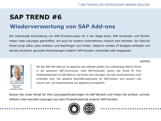 ANZEIGE
SAP TREND #6
Die individuelle Entwicklung von SAP Erweiterungen ist in der Regel teuer. SAP Anwender und Partner
haben viele Lösungen geschaffen, die auch für andere Unternehmen nützlich sein könnten. Ein Add-On
Portal sorgt dafür, dass Anbieter und Nachfrager sich finden. Dadurch werden IT-Budgets entlastet und
bereits produktiv genutzte Anwendungen anderer SAP-Kunden verwendet oder angepasst.
Wiederverwertung von SAP Add-ons
Peter Kogel
Partner
apps4erp GmbH
Nutzen Sie unser Portal für Ihre Lösungsanforderungen im SAP-Bereich und finden Sie einfach, schnell,
effektiv viele erprobte Lösungen aus dem Produktivbetrieb anderer SAP-Kunden.
Mit fast 400 SAP-Add-ons ist apps4erp das weltweit größte und unabhängige Add-on-Portal
in der gesamten SAP-Community. Viele SAP-Anwender nutzen das Portal für Ihre
Problemstellungen im SAP-Bereich und finden dort Lösungen, die über Suchmaschinen nicht
erreichbar sind. Der gesamte Beschaffungsprozess für SAP-Kunden wird anonym und
extrem zeit- und kostensenkend von apps4erp durchgeführt.
7 SAP TRENDS DIE ENTSCHEIDER KENNEN SOLLTEN
 