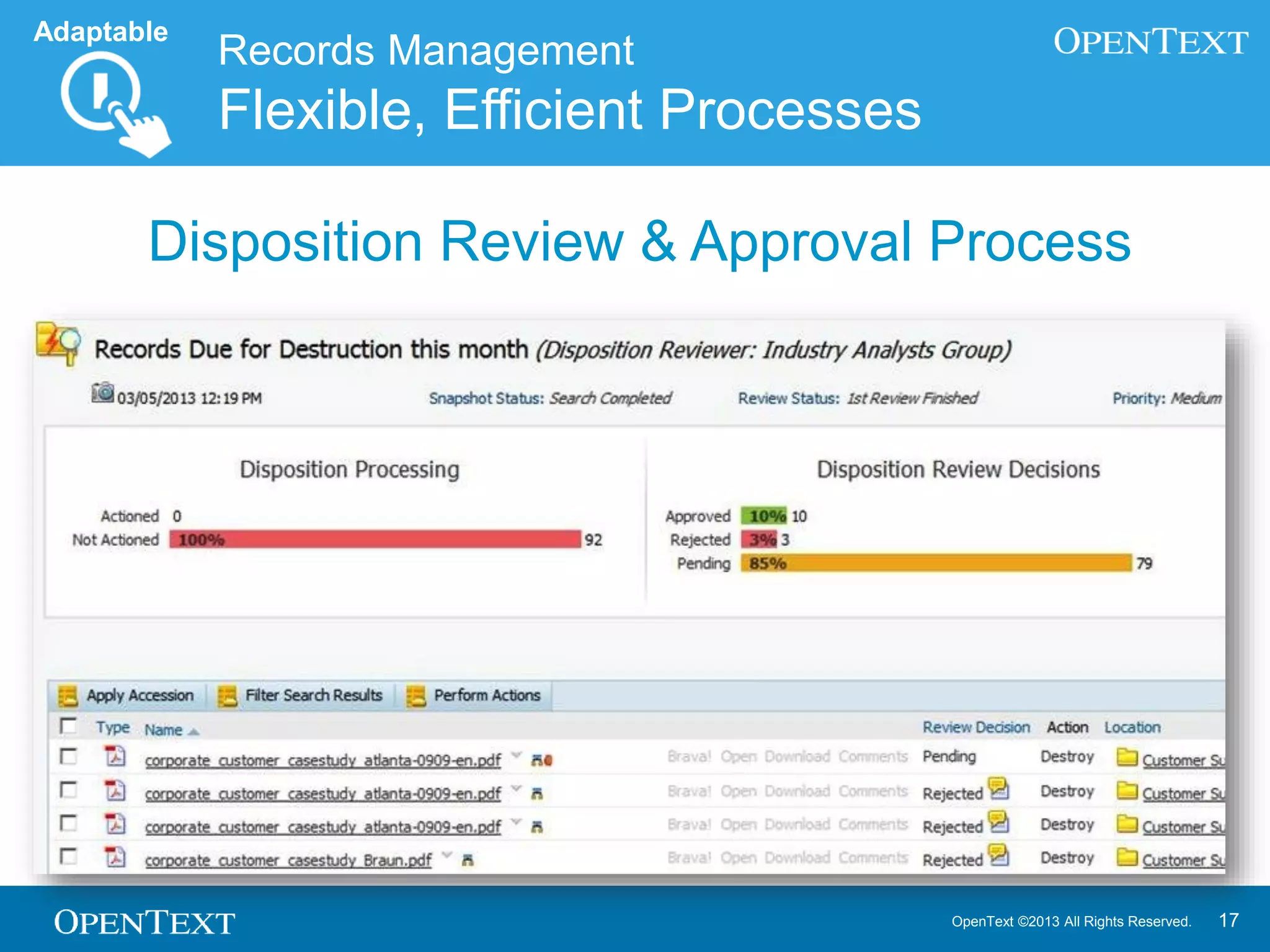 OpenText ©2013 All Rights Reserved. 17
Records Management
Flexible, Efficient Processes
Adaptable
Disposition Review & Approval Process
 