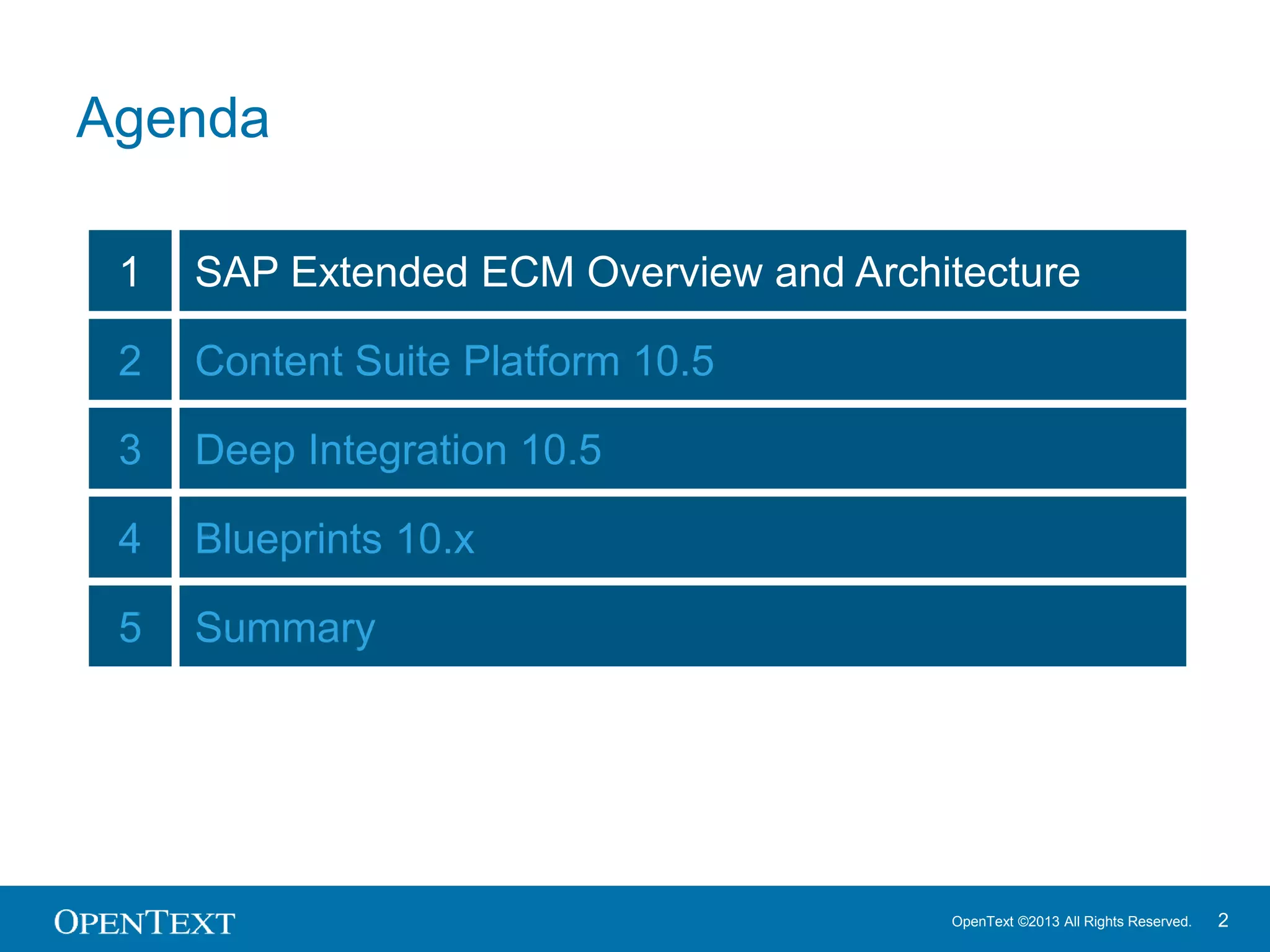 OpenText ©2013 All Rights Reserved. 2
1 SAP Extended ECM Overview and Architecture
2 Content Suite Platform 10.5
3 Deep Integration 10.5
4 Blueprints 10.x
5 Summary
Agenda
 
