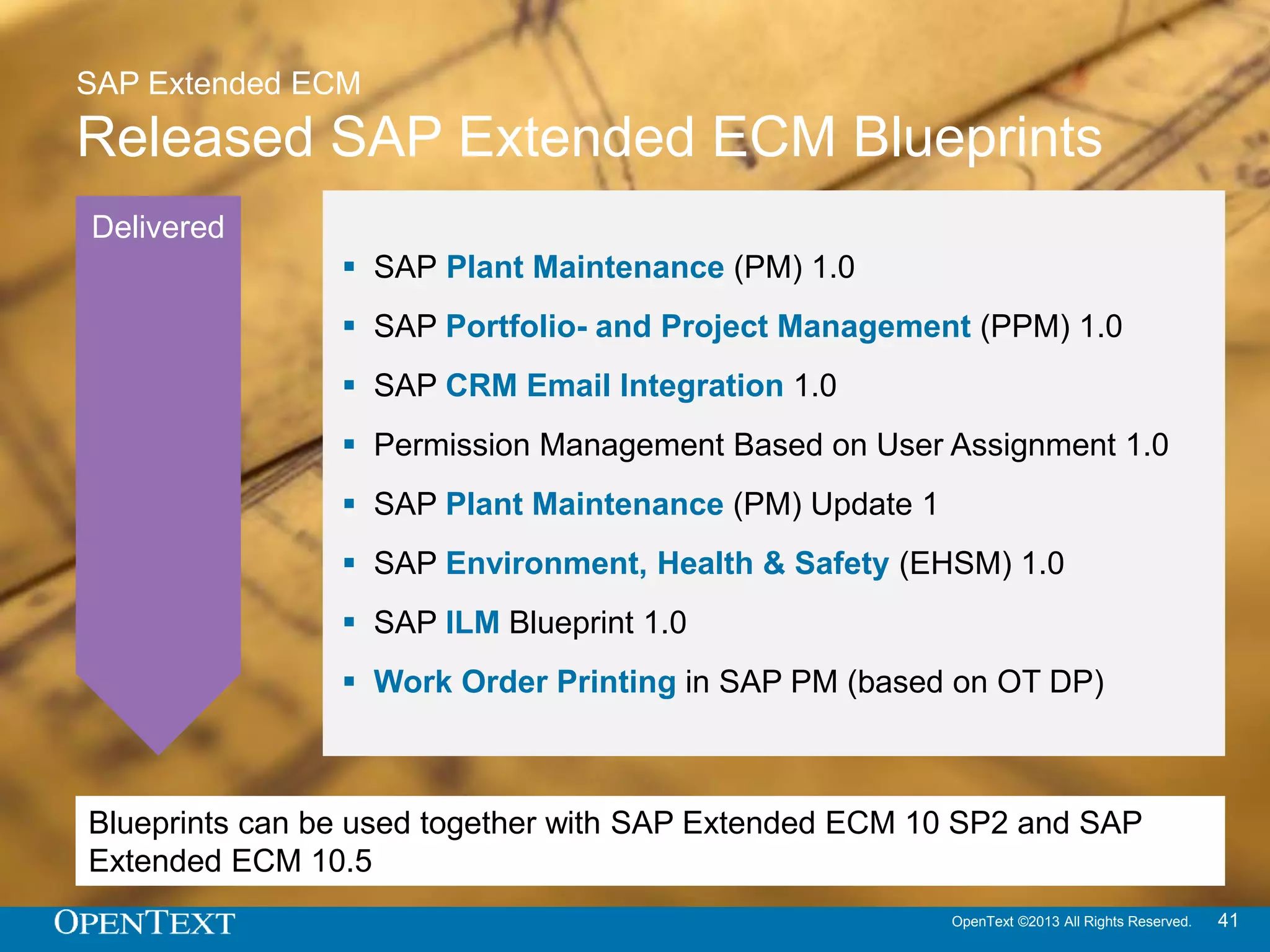 OpenText ©2013 All Rights Reserved. 41
1 SAP Extended ECM Overview and Architecture
2 Content Suite Platform 10.5
3 Deep Integration 10.5
4 Blueprints 10.x
5 Summary
Agenda
 