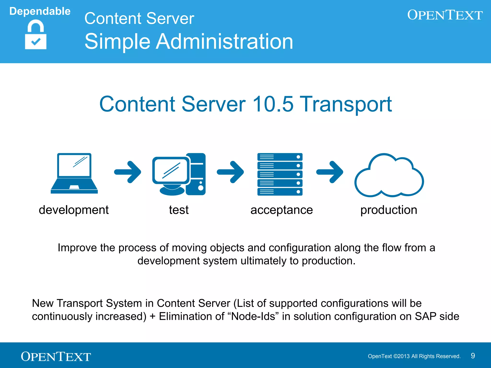 OpenText ©2013 All Rights Reserved. 9
Improve the process of moving objects and configuration along the flow from a
development system ultimately to production.
New Transport System in Content Server (List of supported configurations will be
continuously increased) + Elimination of “Node-Ids” in solution configuration on SAP side
development test acceptance production
Content Server
Simple Administration
Dependable
Content Server 10.5 Transport
 