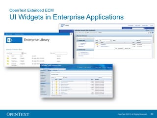 OpenText ©2013 All Rights Reserved. 30
OpenText Extended ECM
UI Widget in SAP CRM
Business Workspace based
on the new UI W...