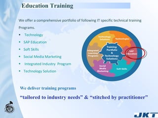 We offer a comprehensive portfolio of following IT specific technical training Programs. Technology SAP Education Soft Skills Social Media Marketing  Integrated Industry  Program Technology Solution We deliver training programs  “ tailored to industry needs” & “stitched by practitioner”  Education   Training   