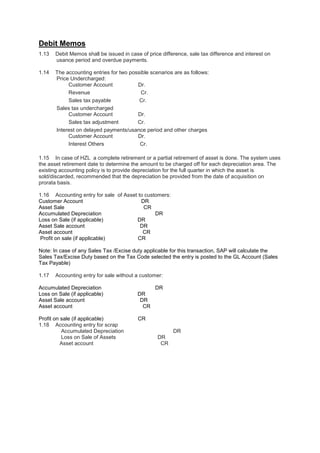 Debit Memos
1.13 Debit Memos shall be issued in case of price difference, sale tax difference and interest on
usance period and overdue payments.
1.14 The accounting entries for two possible scenarios are as follows:
Price Undercharged:
Customer Account Dr.
Revenue Cr.
Sales tax payable Cr.
Sales tax undercharged
Customer Account Dr.
Sales tax adjustment Cr.
Interest on delayed payments/usance period and other charges
Customer Account Dr.
Interest Others Cr.
1.15 In case of HZL a complete retirement or a partial retirement of asset is done. The system uses
the asset retirement date to determine the amount to be charged off for each depreciation area. The
existing accounting policy is to provide depreciation for the full quarter in which the asset is
sold/discarded, recommended that the depreciation be provided from the date of acquisition on
prorata basis.
1.16 Accounting entry for sale of Asset to customers:
Customer Account DR
Asset Sale CR
Accumulated Depreciation DR
Loss on Sale (if applicable) DR
Asset Sale account DR
Asset account CR
Profit on sale (if applicable) CR
Note: In case of any Sales Tax /Excise duty applicable for this transaction, SAP will calculate the
Sales Tax/Excise Duty based on the Tax Code selected the entry is posted to the GL Account (Sales
Tax Payable)
1.17 Accounting entry for sale without a customer:
Accumulated Depreciation DR
Loss on Sale (if applicable) DR
Asset Sale account DR
Asset account CR
Profit on sale (if applicable) CR
1.18 Accounting entry for scrap
Accumulated Depreciation DR
Loss on Sale of Assets DR
Asset account CR
 