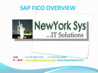 SAP FICO OVERVIEW




Call     : +1-718-305-1757, +1-718-313-0499
E – Mail : training@newyorksys.com www.newyorksys.com
 