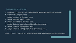 ENTERPRISE STRUCTURE
• Creation of Company: ( Six character code: Alpha/Alpha Numeric/Numeric)
• Creation of Company Code.
• Assign company to Company code.
• Define Business Area (outlets)
• Define Consolidated Business area.
• Assign Business Area to Consolidated Business Area.
• Define Financial Management Area.
• Assign Financial Management Area to Company code.
Note: C.C/B.A/C.B.A/F.M.A : (Four character code: Alpha/Alpha Numeric/Numeric)
 