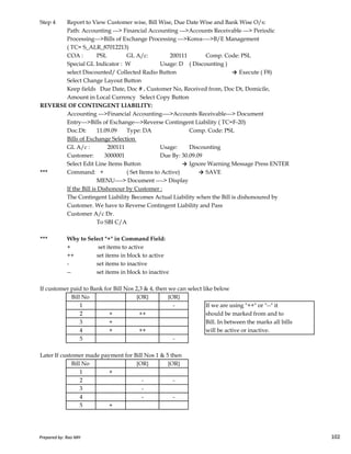 Step 4 Report to View Customer wise, Bill Wise, Due Date Wise and Bank Wise O/s:
Path: Accounting ---> Financial Accounting --->Accounts Receivable ---> Periodic
Processing--->Bills of Exchange Processing --->Korea---->B/E Management
( TC= S_ALR_87012213)
COA : PSL GL A/c: 200111 Comp. Code: PSL
Special GL Indicator : W Usage: D ( Discounting )
select Discounted/ Collected Radio Button → Execute ( F8)
Select Change Layout Button
Keep fields Due Date, Doc # , Customer No, Received from, Doc Dt, Domicile,
Amount in Local Currency Select Copy Button
REVERSE OF CONTINGENT LIABILITY:
Accounting --->Financial Accounting---->Accounts Receivable---> Document
Entry--->Bills of Exchange--->Reverse Contingent Liability ( TC=F-20)
Doc.Dt: 11.09.09 Type: DA Comp. Code: PSL
Bills of Exchange Selection
GL A/c : 200111 Usage: Discounting
Customer: 3000001 Due By: 30.09.09
Select Edit Line Items Button → Ignore Warning Message Press ENTER
*** Command: + ( Set Items to Active) → SAVE
MENU----> Document ----> Display
If the Bill is Dishonour by Customer :
The Contingent Liability Becomes Actual Liability when the Bill is dishonoured by
Customer. We have to Reverse Contingent Liability and Pass
Customer A/c Dr.
Prepared by: Rao MH 102
Customer A/c Dr.
To SBI C/A
*** Why to Select "+" in Command Field:
+ set items to active
++ set items in block to active
- set items to inactive
-- set items in block to inactive
If customer paid to Bank for Bill Nos 2,3 & 4, then we can select like below
Bill No {OR} {OR}
1 - If we are using "++" or "--" it
2 + ++ should be marked from and to
3 + Bill. In between the marks all bills
4 + ++ will be active or inactive.
5 -
Later If customer made payment for Bill Nos 1 & 5 then
Bill No {OR} {OR}
1 +
2 - -
3 -
4 - -
5 +
Prepared by: Rao MH 102
 