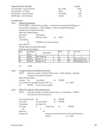 Payment to Sales Tax Dept: Payable
A) Local Sales - Local Purchases (27 - 4.24) 22.76
B) Local Sales - CST Sales (27-0) 27
C)CST Sales - Local Purchases (4.32-4,24) 0.08
D)CST Sales - CST Purchases (4.32-0) 4.32
Customization :
Step 1: Define Tax Procedure:
PATH: SPRO---->Financial Accounting ---->Finanial Accounting Global Settings--->
Tax on Sales / Purchases----> Basic Settings--->Check Calculation Procedure
Double Click on Define Procedure
Select New Entries Button
Procedure Description
PSL Tax Sales Tax India → SAVE
( Text Field)
→ ENTER to save in your request.
Select PSL Tax
Double Click on Control Data Folder
Select New Entries Button
Step Contition From To A/c Key
Type
10 BASB Base Amount - - -
20 MWVS Input Tax 10 10 VST ( Input Tax)
30 MWAS Output Tax 10 10 MWS(Output tax)
Description
Prepared by: Rao MH 107
30 MWAS Output Tax 10 10 MWS(Output tax)
→ SAVE
Step 2: Assaign Country to Calculation Procedure:
PATH: Upto tax on sales / Purchase Path is same---> Basic Settings--->Assaign
Country to Calculation Procedure
Select Position Button
Country : IN ( For India) → ENTER
For Country IN Assaign Procedure PSL Tax → SAVE
→ ENTER to save in your request.
Step 3: Define Tax Codes for Sales and Purchases:
PATH: Upto Tax on Sales / Purchases path is same----> Calculation --->Define
Tax Codes for Sales & Purchases
Give Country Code: IN → ENTER
Tax Code: V1( Text Field) → ENTER
Description: 4% Input Tax
Tax Type: V ( Input Tax) → ENTER
Tax %
Input Tax 4%
Output Tax Keep cursor on Out Put tax % and select Deactivate
Button → SAVE
Prepared by: Rao MH 107
 