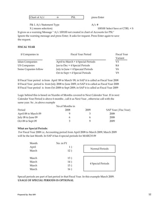 Chart of A/c → PSL press Enter
P& L A/c Statement Type A/c #
X ( means selection) 100100 Select Save or CTRL + S
It gives us a warning Message " A/c 100100 not created in chart of Accounts for PSL"
Ignore the warning message and press Enter. It asks for request. Press Enter again to save
the request.
FISCAL YEAR
Fiscal Year
Variant
Idian Companies April to March + 4 Special Periods V3
US Companies Jan to Dec + 4 Special Periods K4
Some Copanies follow July to June + 4 Specaial Periods V6
Oct to Sept + 4 Special Periods V9
If Fiscal Year period is from April '08 to March '09, in SAP it is called as Fiscal Year 2008
If Fiscal Year period is from July 2008 to June 2009, in SAP it is called as Fiscal Year 2008
If Fiscal Year period is from Oct 2008 to Sept 2009, in SAP it is called as Fiscal Year 2009
Logic behind this is besed on Numbe of Months covered in Next Calender Year. If in next
if Companies in Fiscal Year Period
Prepared by: Rao MH 12
Logic behind this is besed on Numbe of Months covered in Next Calender Year. If in next
Calender Year Period is above 6 months , call it as Next Year , otherwise call with the
same year. So , in above example
No.of Months in
Period 2008 2009 SAP Year ( Fisc.Year)
April 08 to March 09 9 3 2008
July 08 to June 09 6 6 2008
Oct 08 to Sept 09 3 9 2009
What are Special Periods:
For Fiscal Year 2008 i.e, Accounting period from April 2008 to March 2009, March 2009
will be the last Month. In SAP it has 4 special periods for MARCH 09
Month No. in FY
April 1 }
March 12 }
March 13 }
March 14 }
March 15 }
March 16 }
Specail periods are part of last period in that Fiscal Year. In this example March 2009.
USAGE OF SPECIAL PERIODS IS OPTIONAL
Normal Periods
4 Special Periods
Prepared by: Rao MH 12
 