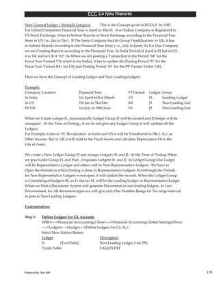 New General Ledger ( Multiple Ledgers): This is the Concept given in ECC6.0 by SAP.
For Indian Companies Financial Year is April to March. If an Indian Company is Registered in
US Stock Exchange, it has to Submit Reports to Stock Exchange according to the Financial Year
there in US ( ie., Jan to Dec). If The Same Company had its Group HeadQuarters in UK, it has
to Submit Reports according to the Financial Year there ( i.e., July to June). So For One Company
we are Creating Reports according to the Financial Year. In India Period of April is 01 but in US
it is '04' and in UK it "10". So When we are posting a Transaction in the Period "04" for the
Fiscal Year Variant V3( which is for India), it has to update the Posting Period '01' for the
Fiscal Year Variant K4 ( for US) and Posting Period '10' for the PP Variant V6(for UK).
Here we have the Concept of Leading Ledger and Non Leading Ledgers.
Example:
Company Location Financial Year FYVariant Ledger Group
In India 1st April to31st March V3 0L Leading Ledger
In US 1St Jan to 31st Dec K4 J1 Non Leading Led
IN UK 1st July to 30th June V6 J2 Non Leading Led
When we Create Ledger J1, Automatically Ledger Group J1 will be created and J1 ledger will be
assaigned . At the Time of Posting , if we do not give any Ledger Group it will updates all the
Ledgers.
For Example, Gain on FC Revaluation in India and US it will be Trnasferred to P& L A/c as
ECC 6.0 New FeaturesECC 6.0 New FeaturesECC 6.0 New FeaturesECC 6.0 New Features
Prepared by: Rao MH 179
For Example, Gain on FC Revaluation in India and US it will be Trnasferred to P& L A/c as
Other Income. But in UK it will Add to the Fixed Assets and calculate Depreciation Over the
Life of Asset.
We create a New Ledger Group J3 and assaign Ledgers 0L and J1. At the Time of Posting When
we give Leder Group J3, and Post , it updates Ledgers 0L and J1. In Ledger Group One Ledger
will be Representative Ledger and others will be Non Representative Ledgers. We have to
Open the Periods in which Posting is done in Representative Ledgers. Eventhough the Periods
for Non Representative Ledgers is not open, it will update the records. When the Ledger Group
is Consisiting of Ledgers 0L an J1 always 0L will be the Leading Ledger or Representative Ledger
When we Post a Document, System will generate Documents in non leading ledgers. In Live
Environment, for All document types we will give only One Number Range for No range interval
to post in Non Leading Ledgers.
Customization:
Step 1: Define Ledgers for GL Account:
SPRO---->Financial Acccounting ( New)---->Financial Accounting Global Settings(New)
---->Ledgers---->Ledger--->Define Ledgers for GL A/c
Select New Entries Button
Ledger Description
J1 (Text Field) Non Leading Ledger 1 for PSL
Totals Table: FAGLFLEXT
Prepared by: Rao MH 179
 