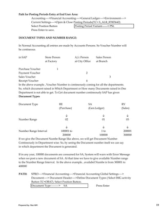 Path for Posting Periods Entry at End User Area:
Accounting---->Financial Accounting---->General Ledger---->Environment---->
Current Settings---->Open & Close Posting Periods(TC= S_ALR_87003642)
Select Position Button Posting Period Variant------> PSL
Press Enter to save.
DOCUMENT TYPES AND NUMBER RANGE:
In Normal Accounting all entries are made by Accounts Persons. So Voucher Number will
be contineous.
in SAP Store Person A/c Person Sales Person
at Factory at City Office at Branch
Purchase Voucher 1
Payment Voucher 2
Sales Voucher 3
Receipt Voucher 4
In the above example , Voucher Number is contineously coming for all the departments.
So, which document raised in Which Department or How many Documents raised in One
Department is not able to get. To Get document number contineously SAP has given
Document Types
Prepared by: Rao MH 19
Document Type RE SA RV
(Purchase) (Gen.Ledger) (Sales)
↓ ↓ ↓
Number Range 02 01 03
↓ ↓ ↓
Number Range Interval 100001 to 1 to 200001
200000 100000 300000
If we give the Document Numbe Range like above, we will get Document Number
Contineously in Department wise. So, by seeing the Document number itself we can say
in which department the Document is generated.
If in any year, 100000 documents are consumed for SA, System will warn with Error Message
when we post a new document of SA. At that time we have to give available Number range
to the Number Range Interval. In the above example , availabel Numbe is from 300001 to
400000
PATH: SPRO---->Financial Accounting---->Financial Accounting Global Settings---->
Document----> Document Header---->Define Document Types ( Select IMG activity
Button TC=OBA7). Select Position Button.
Document Type---------> SA Press Enter
Prepared by: Rao MH 19
 