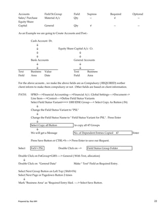 Accounts Field St.Group Field Supress Required Optional
Sales/ Purchase Material A/c Qty -- √ --
Equity Share
Capital General Qty √ -- --
As an Example we are going to Create Accounts and Post:-
Cash Account Dr.
↓
↓ Equity Share Capital A/c Cr.
↓ ↓
↓ ↓
Bank Accounts General Accounts
↓ ↓
↓ ↓
Text Business Value Text Business
Field Area Date Field Area
For the above acounts , we make the above fields are as Compulsory ( REQUIRED) wether
client inform to make them compulsory or not . Other fields are based on client information.
PATH: SPRO---->Financial Accounting---->Financial A/c. Global Settings---->Document-->
Line Item---->Control---->Define Field Status Variants
Prepared by: Rao MH 22
Line Item---->Control---->Define Field Status Variants
Select Field Status Variant===> 1000 IDSE Group----> Select Copy As Button ( F6)
↓
Change the Field Status Variant to "PSL"
↓
Change the Field Status Name to " Field Status Variant for PSL". Press Enter
↓
Select Copy all Button to copy all 47 Groups
↓
We will get a Message No. of Dependent Entries Copied 47 Enter
Press Save Button or CTRL+S----> Press Enter to save our Request.
Select FstV= PSL Double Click on --> Field Status Group Folder
Double Click on FstGroup=G001----> General ( With Text, allocation)
↓
Double Click on "General Data" Make " Text" Field as Required Entry.
Select Next Group Button on Left Top ( Shift+F6)
Select Next Page or Pagedown Button 2 times
↓
Mark "Business Area" as "Required Entry filed. ----> Select Save Button.
Prepared by: Rao MH 22
 