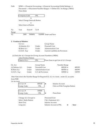 Path: SPRO---->Financial Accounting--->Financial Accounting Global Settings--->
Document---->Document Number Ranges---> Define Doc. No Range ( FBN1)
Press Enter
Company Code PSL
↓
Select Change Intervals Button
↓
Select Interval Button
No Year From # To #
Range
X2 2009 5000001 5100000 Enter and Save
2. Creation of Masters.
GL A/c Group Name
A) Salaries A/c Under Personell Cost
B) Rent A/c Under Adminstration Cost
C) O/S. Exp Under Current Liabilities & Provisions
a) Check the A/c Groups for Giving Account Numbers ( OBD4)
select Position Button
Chart of A/c PSL Press Enter to get List of A/c Groups
Prepared by: Rao MH 35
Chart of A/c PSL Press Enter to get List of A/c Groups
GL A/c Group Name Number Range
A) Salaries A/c Under Personell Cost 400100 to 400199
B) Rent A/c Under Adminstration Cost 400300 to 400399
C) O/S. Exp Under C/L & Provisions 100500 to 100599
After Note down the Number Range for Required GL A/c to create, create GL accoutns
from FS00
1st Account
GL A/c # 400100 → Salaries Account
Comp. Code PSL Click on With Template Button
GL A/c # 100000
Comp. Code PSL → Press Enter
Change A/c Groupt to Personnel Cost
Select Radio Button P & L Statement A/c
Short Text Salaries Account
Long text Salaries Account of PSL → Save
Prepared by: Rao MH 35
 