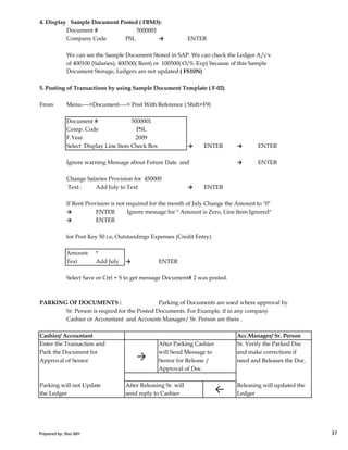 4. Display Sample Document Posted ( FBM3):
Document # 5000001
Company Code PSL → ENTER
We can see the Sample Document Stored in SAP. We can check the Ledger A/c's
of 400100 (Salaries), 400300( Rent) or 100500( O/S. Exp) because of this Sample
Document Storage, Ledgers are not updated ( FS10N)
5. Posting of Transactions by using Sample Document Template ( F-02)
From Menu---->Document----> Post With Reference ( Shift+F9)
Document # 5000001
Comp. Code PSL
F.Year 2009
Select Display Line Item Check Box → ENTER → ENTER
Ignore warning Message about Future Date and → ENTER
Change Salaries Provision for 450000
Text : Add July to Text → ENTER
If Rent Provision is not required for the month of July Change the Amount to "0"
→ ENTER Ignore message for " Amount is Zero, Line Item Ignored"
Prepared by: Rao MH 37
→ ENTER Ignore message for " Amount is Zero, Line Item Ignored"
→ ENTER
for Post Key 50 i.e, Outstandings Expenses (Credit Entry)
Amount *
Text Add July → ENTER
Select Save or Ctrl + S to get message Document# 2 was posted.
PARKING OF DOCUMENTS : Parking of Documents are used where approval by
Sr. Person is reqired for the Posted Documents. For Example, if in any company
Cashier or Accountant and Accounts Manager/ Sr. Person are there .
Cashier/ Accountant Acc.Manager/ Sr. Person
Enter the Transaction and After Parking Cashier Sr. Verify the Parked Doc
Park the Document for will Send Message to and make corrections if
Approval of Senior Senior for Release / need and Releases the Doc.
Approval of Doc.
Parking will not Update After Releasing Sr. will Releasing will updated the
the Ledger send reply to Cashier Ledger
→
←
Prepared by: Rao MH 37
 
