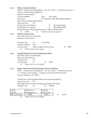 Step 4. Define Valuation Methods:
SPRO---->Financial Accounting(New)---->GL A/c ( New)---->Periodic Processing---->
valuate--->Define Valuating Methods
Select New Entries Button
Valuation Method PSL1 (Text Field)
Description FC Valuation for PSL (Bank Selling Method)
Select Always Evaluate Radio Button
Document Type SA
Ex Rate type for Dr. Balance B (Bank Selling Rate)
Ex Rate type for Cr. Balance B (Bank Selling Rate)
select Determine Exchange Rate Type for A/c Balance Radio Button
→ SAVE → Enter to save in your request.
Step 5. Define Valuation Areas:
Same Path ( Next Line to Old path)
Select New Entries Button
Valuation Area : PA ( Text Filed)
Valuation Method: PSL1
Currency type : Select Company Code Currency → SAVE
→ Enter to save in your request.
Step 6. Assaign Valuation Areas & Accounting Principles :
Same Path ( Next Line to Old path)
Prepared by: Rao MH 64
Same Path ( Next Line to Old path)
Select New Entries Button
Valuation Area : PA
A/c Principles: P1 → SAVE
→ Enter to save in your request.
Step 7. Prepare Automatic Posting for Foreign Currency Valuation:
SPRO---->Financial Accounting(New)---->GL A/c ( New)---->Periodic Processing
-----> valuate--->FC Valuation----> Prepare Automatic Posting for Foreign
Currency Valuation ( TC=OBA1)
Double Click on Exchange Rate Difference UG Exchange Rate Key
Chart of Accounts : PSL
Select Right Arrow at Down and Change Valuation Area Button
Valuation Area PA → ENTER
Ex.Rate Expense A/c Exchange
Diff. Key (Exchange Loss) Rate GainA/c
USD ( Text Field) 400301 300100 → SAVE
→ Enter to save in your request.
Prepared by: Rao MH 64
 