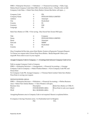 SPRO--->Enterprise Structure----> Definition ----> Financial Accounting---->Edit, Copy,
Delete,Check Company Code( Select IMG Activity Button here)--->Double click on Edit
Company Code Data---->Select New Entry Button ( Screen like below will open…)
Company Code → PSL
Company Name → PENNAR STEELS LIMITED
Address → Ameerpet
City → Hyderabad
Country → IN
Currency → INR
Language → EN
Select Save Button or CTRL + S for saving. Once Saved New Screen Will open.
Title → Company
Name → PENNAR STEELS LIMITED
Street → Ameerpet
PinCode → 500000
City → Hyderabad
Country → IN
Once Completed all the data, press Enter Button. System will generate Transport Request.
To Choose our request select it from Drop Down Button. Beside Request# Select your
request# .Press enter to save in your request.
Prepared by: Rao MH 7
request# .Press enter to save in your request.
Assagin Company Code to Company:--> ( Creating Link between Company Code to Co)
Path to assaign Company Code to Company
SPRO---->Enterprise Structure---->Assaignment---->Financial Accounting---->Assaign
Company Code to Company---->Select Position Button---->Give Company Code PSL and
Presss Enter .
For Company Code PSL Assaign Company----> Pennnar Steels Limited Select Save Button
Press Enter to saving your request.
DEFINE BUSINESS AREAS:
SPRO---->Enterprise Structure---->Definition---->Financial Accounting---->Define Business
Area--->Select New Entries Button----> New Window will open
Business Area Description Select Save Button or CTRL+S .
PSLH HYD.BUSINESS AREA Press Enter to sale your request
PSLB BLG. BUSINESS AREA
Assagining Business area to Company Code is not required. Reason is explained below.
If company is having 2 business areas. 1 in Hyderabad and 2 in Banglore.
PSC PCL
Prepared by: Rao MH 7
 