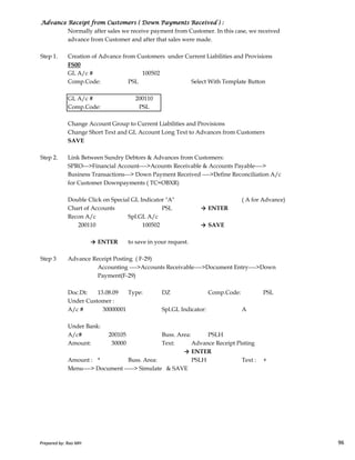 Advance Receipt from Customers ( Down Payments Received ) :Advance Receipt from Customers ( Down Payments Received ) :Advance Receipt from Customers ( Down Payments Received ) :Advance Receipt from Customers ( Down Payments Received ) :
Normally after sales we receive payment from Customer. In this case, we received
advance from Customer and after that sales were made.
Step 1. Creation of Advance from Customers under Current Liabilities and Provisions
FS00
GL A/c # 100502
Comp.Code: PSL Select With Template Button
GL A/c # 200110
Comp.Code: PSL
Change Account Group to Current Liabilities and Provisions
Change Short Text and GL Account Long Text to Advances from Customers
SAVE
Step 2. Link Between Sundry Debtors & Advances from Customers:
SPRO--->Financial Account---->Acounts Receivable & Accounts Payable---->
Business Transactions---> Down Payment Received ---->Define Reconciliation A/c
for Customer Downpayments ( TC=OBXR)
Double Click on Special GL Indicator "A" ( A for Advance)
Chart of Accounts PSL → ENTER
Recon A/c Spl.GL A/c
Prepared by: Rao MH 96
Recon A/c Spl.GL A/c
200110 100502 → SAVE
→ ENTER to save in your request.
Step 3 Advance Receipt Posting ( F-29)
Accounting ---->Accounts Receivable---->Document Entry---->Down
Payment(F-29)
Doc.Dt: 13.08.09 Type: DZ Comp.Code: PSL
Under Customer :
A/c # 30000001 Spl.GL Indicator: A
Under Bank:
A/c# 200105 Buss. Area: PSLH
Amount: 30000 Text: Advance Receipt Pisting
→ ENTER
Amount : * Buss. Area: PSLH Text : +
Menu----> Document -----> Simulate & SAVE
Prepared by: Rao MH 96
 