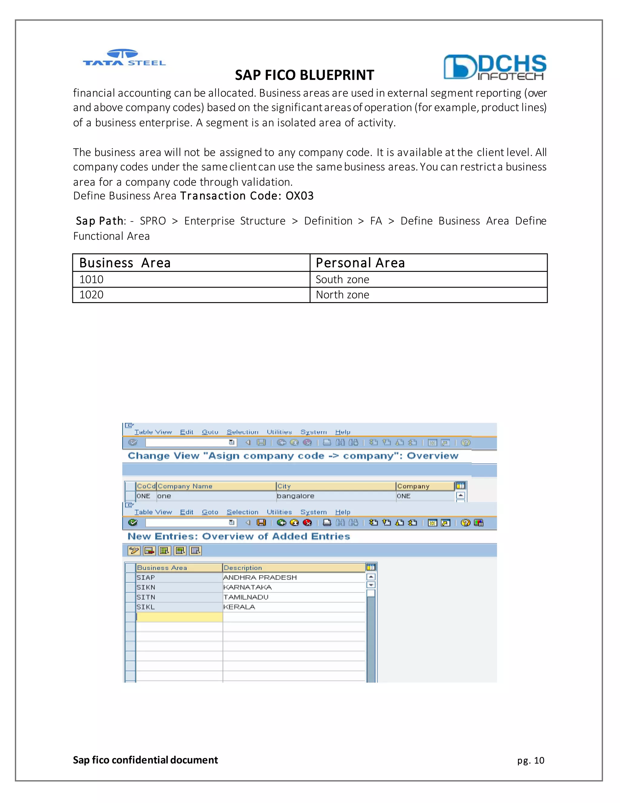 SAP FICO BLUEPRINT
Sap fico confidential document pg. 10
financial accounting can be allocated. Business areas are used in external segment reporting (over
and above company codes) based on the significantareasofoperation (for example,product lines)
of a business enterprise. A segment is an isolated area of activity.
The business area will not be assigned to any company code. It is available at the client level. All
company codes under the sameclientcan use the samebusiness areas.You can restricta business
area for a company code through validation.
Define Business Area Transaction Code: OX03
Sap Path: - SPRO > Enterprise Structure > Definition > FA > Define Business Area Define
Functional Area
Business Area Personal Area
1010 South zone
1020 North zone
 