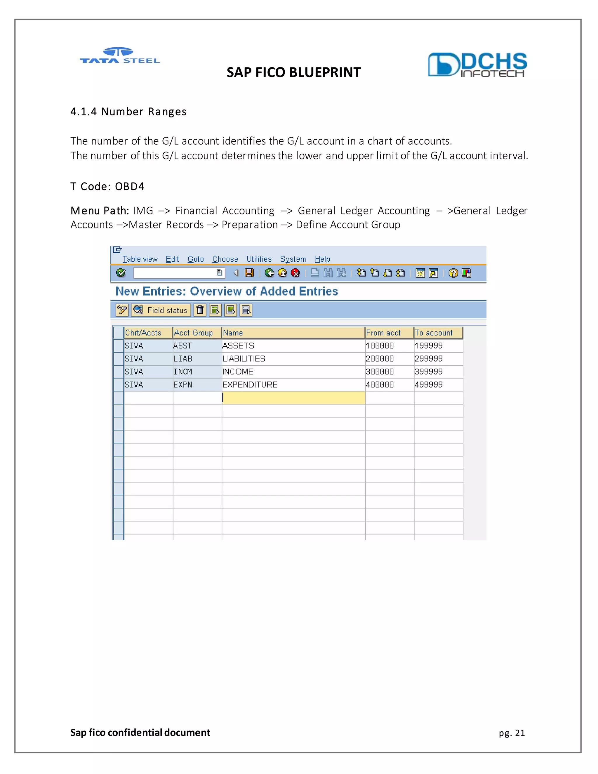 SAP FICO BLUEPRINT
Sap fico confidential document pg. 21
4.1.4 Number Ranges
The number of the G/L account identifies the G/L account in a chart of accounts.
The number of this G/L account determines the lower and upper limit of the G/L account interval.
T Code: OBD4
Menu Path: IMG –> Financial Accounting –> General Ledger Accounting – >General Ledger
Accounts –>Master Records –> Preparation –> Define Account Group
 