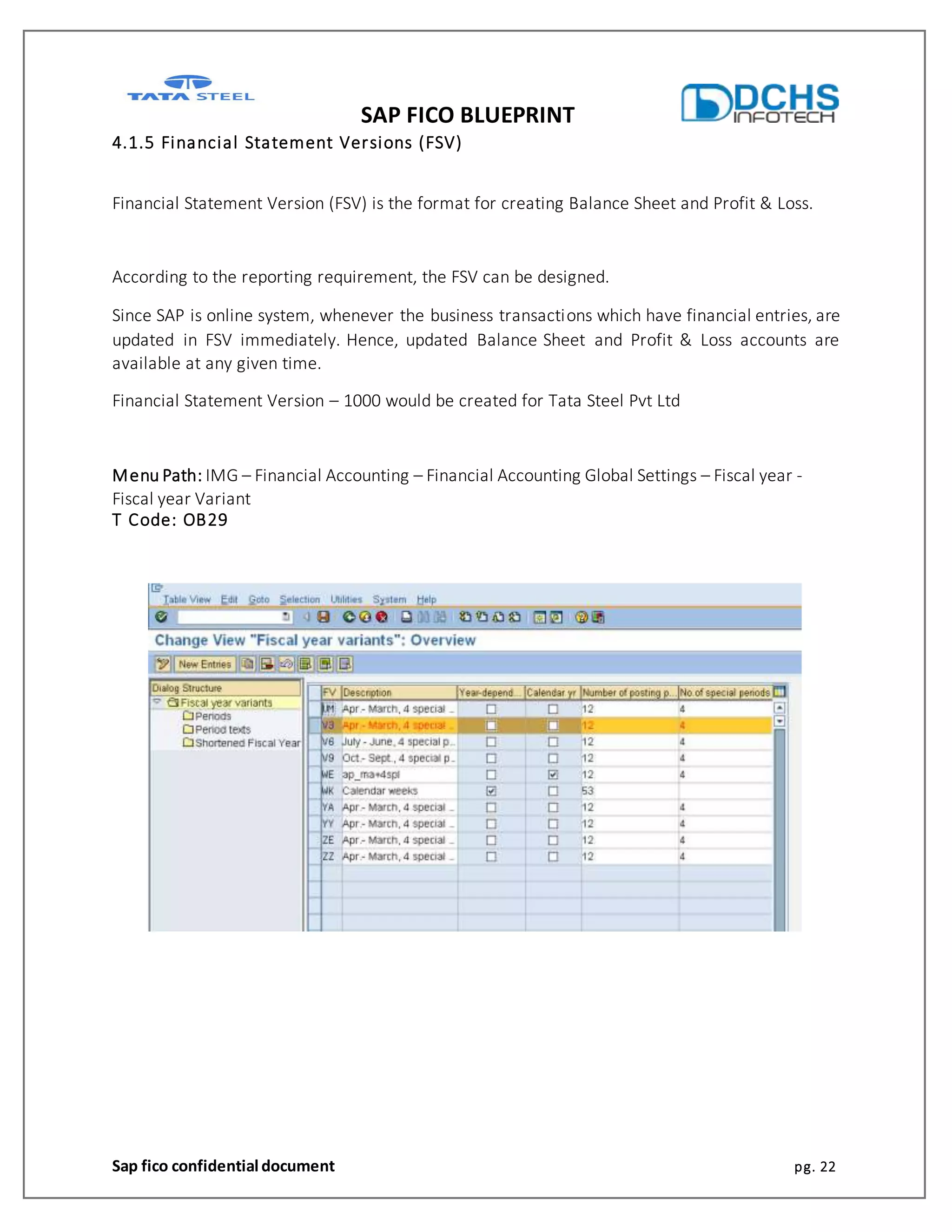 SAP FICO BLUEPRINT
Sap fico confidential document pg. 22
4.1.5 Financial Statement Versions (FSV)
Financial Statement Version (FSV) is the format for creating Balance Sheet and Profit & Loss.
According to the reporting requirement, the FSV can be designed.
Since SAP is online system, whenever the business transactions which have financial entries, are
updated in FSV immediately. Hence, updated Balance Sheet and Profit & Loss accounts are
available at any given time.
Financial Statement Version – 1000 would be created for Tata Steel Pvt Ltd
Menu Path: IMG – Financial Accounting – Financial Accounting Global Settings – Fiscal year -
Fiscal year Variant
T Code: OB29
 