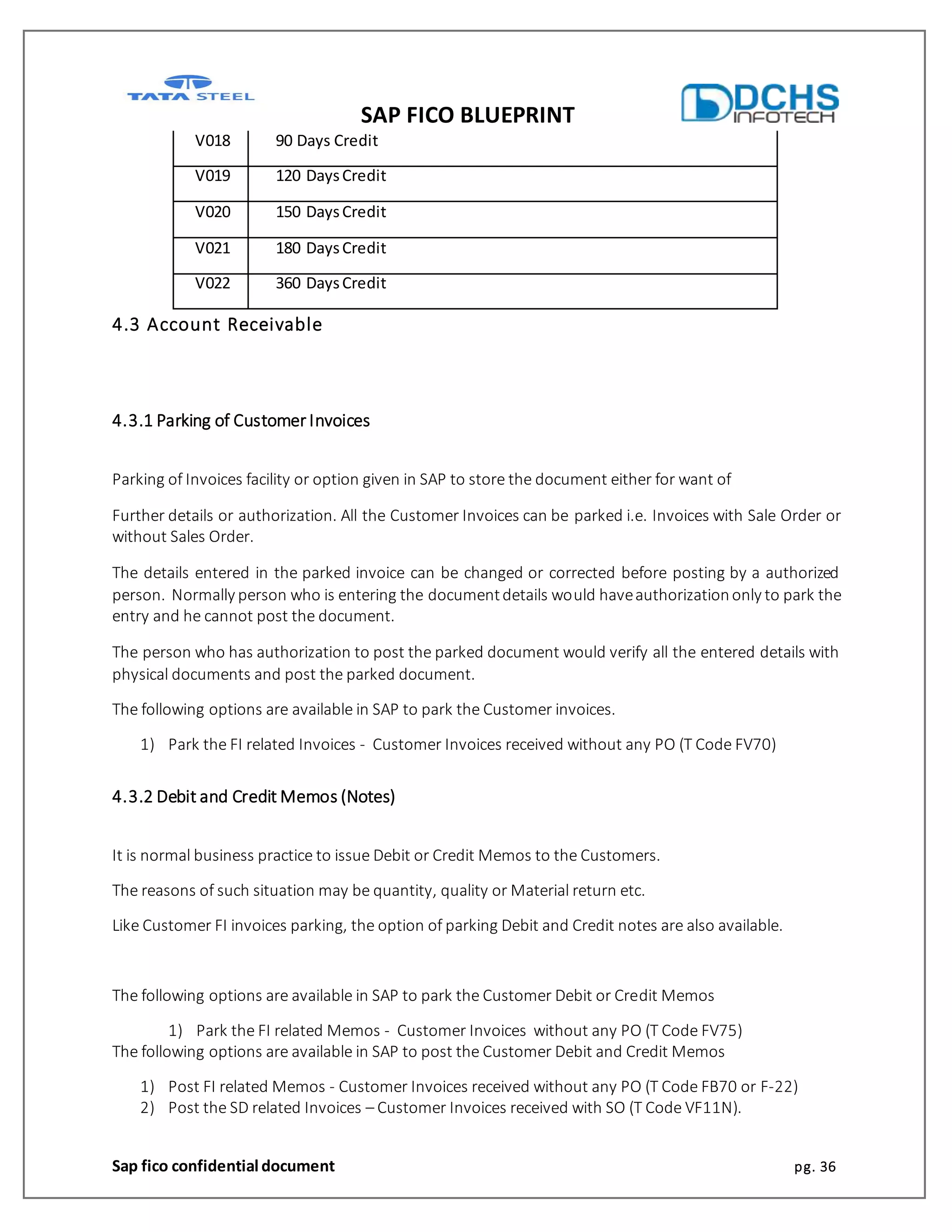 SAP FICO BLUEPRINT
Sap fico confidential document pg. 36
V018 90 Days Credit
V019 120 DaysCredit
V020 150 DaysCredit
V021 180 DaysCredit
V022 360 DaysCredit
4.3 Account Receivable
4.3.1 Parking of Customer Invoices
Parking of Invoices facility or option given in SAP to store the document either for want of
Further details or authorization. All the Customer Invoices can be parked i.e. Invoices with Sale Order or
without Sales Order.
The details entered in the parked invoice can be changed or corrected before posting by a authorized
person. Normally person who is entering the documentdetails would haveauthorizationonly to park the
entry and he cannot post the document.
The person who has authorization to post the parked document would verify all the entered details with
physical documents and post the parked document.
The following options are available in SAP to park the Customer invoices.
1) Park the FI related Invoices - Customer Invoices received without any PO (T Code FV70)
4.3.2 Debit and Credit Memos (Notes)
It is normal business practice to issue Debit or Credit Memos to the Customers.
The reasons of such situation may be quantity, quality or Material return etc.
Like Customer FI invoices parking, the option of parking Debit and Credit notes are also available.
The following options are available in SAP to park the Customer Debit or Credit Memos
1) Park the FI related Memos - Customer Invoices without any PO (T Code FV75)
The following options are available in SAP to post the Customer Debit and Credit Memos
1) Post FI related Memos - Customer Invoices received without any PO (T Code FB70 or F-22)
2) Post the SD related Invoices – Customer Invoices received with SO (T Code VF11N).
 