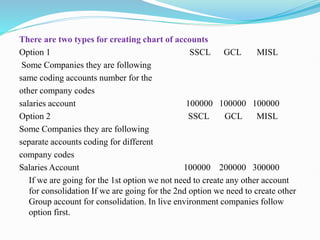 There are two types for creating chart of accounts
Option 1 SSCL GCL MISL
Some Companies they are following
same coding accounts number for the
other company codes
salaries account 100000 100000 100000
Option 2 SSCL GCL MISL
Some Companies they are following
separate accounts coding for different
company codes
Salaries Account 100000 200000 300000
If we are going for the 1st option we not need to create any other account
for consolidation If we are going for the 2nd option we need to create other
Group account for consolidation. In live environment companies follow
option first.
 