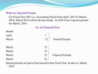 What are Special Periods:
For Fiscal Year 2013 i.e. Accounting Period from April, 2013 to March,
2014, March 2014 will be the last month. In SAP it has 4 special periods
for March, 2014
No. in Financial Year
Month
April 1
March 12 Normal Periods
March 13
March 14
March 15 4 Special Periods
March 16
Special periods are part of last period in that Fiscal Year. In this ex. March,
2014
 