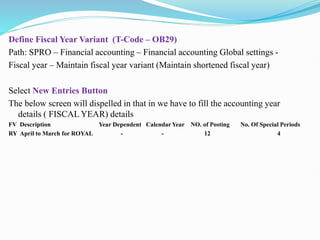 Define Fiscal Year Variant (T-Code – OB29)
Path: SPRO – Financial accounting – Financial accounting Global settings -
Fiscal year – Maintain fiscal year variant (Maintain shortened fiscal year)
Select New Entries Button
The below screen will dispelled in that in we have to fill the accounting year
details ( FISCAL YEAR) details
FV Description Year Dependent Calendar Year NO. of Posting No. Of Special Periods
RY April to March for ROYAL - - 12 4
 