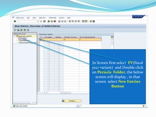 In Screen first select FV(fiscal
year variant) and Double click
on Periods Folder, the below
screen will display , in that
screen select New Entries
Button
 