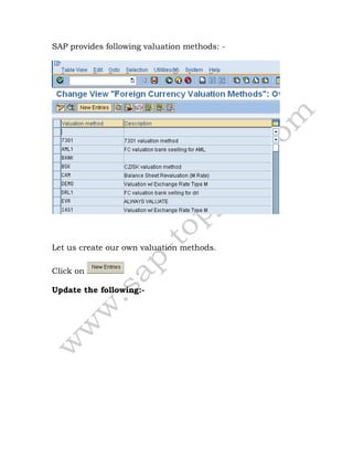 SAP provides following valuation methods: -
Let us create our own valuation methods.
Click on
Update the following:-
 