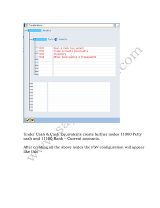 Under Cash & Cash Equivalents create further nodes 11000 Petty
cash and 11100 Bank – Current accounts.
After creating all the above nodes the FSV configuration will appear
like this
 