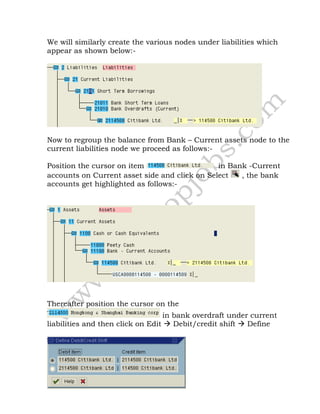 We will similarly create the various nodes under liabilities which
appear as shown below:-
Now to regroup the balance from Bank – Current assets node to the
current liabilities node we proceed as follows:-
Position the cursor on item in Bank -Current
accounts on Current asset side and click on Select , the bank
accounts get highlighted as follows:-
Thereafter position the cursor on the
in bank overdraft under current
liabilities and then click on Edit  Debit/credit shift  Define
 