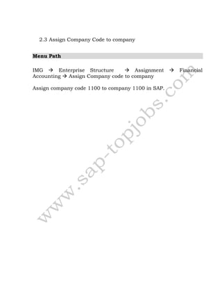 2.3 Assign Company Code to company
Menu Path
IMG  Enterprise Structure  Assignment  Financial
Accounting  Assign Company code to company
Assign company code 1100 to company 1100 in SAP.
 