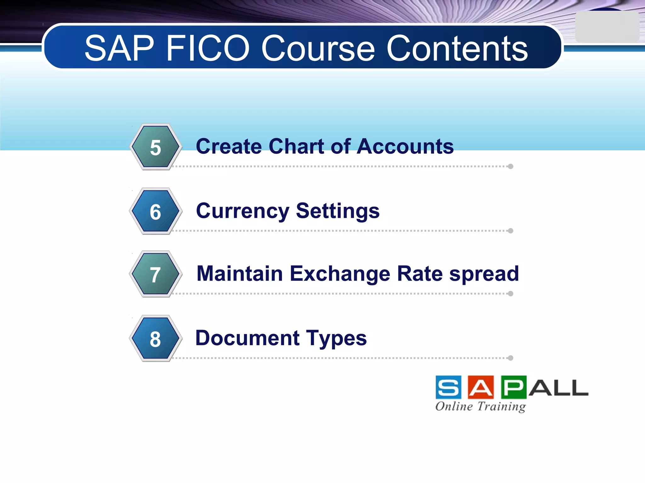 LOGO
Create Chart of Accounts5
Currency Settings6
Maintain Exchange Rate spread7
Document Types8
SAP FICO Course Contents
 