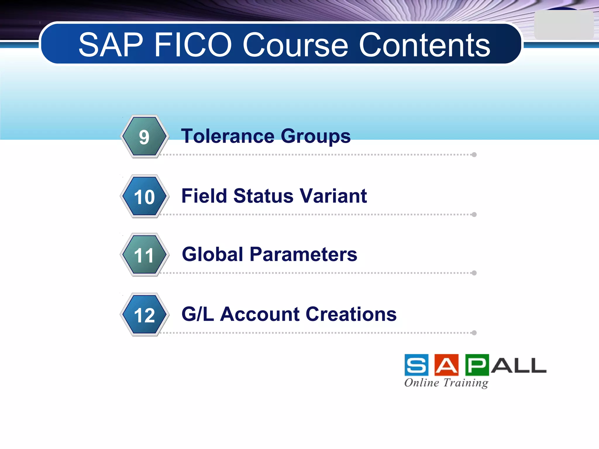 LOGO
Tolerance Groups9
Field Status Variant10
Global Parameters11
G/L Account Creations12
SAP FICO Course Contents
 