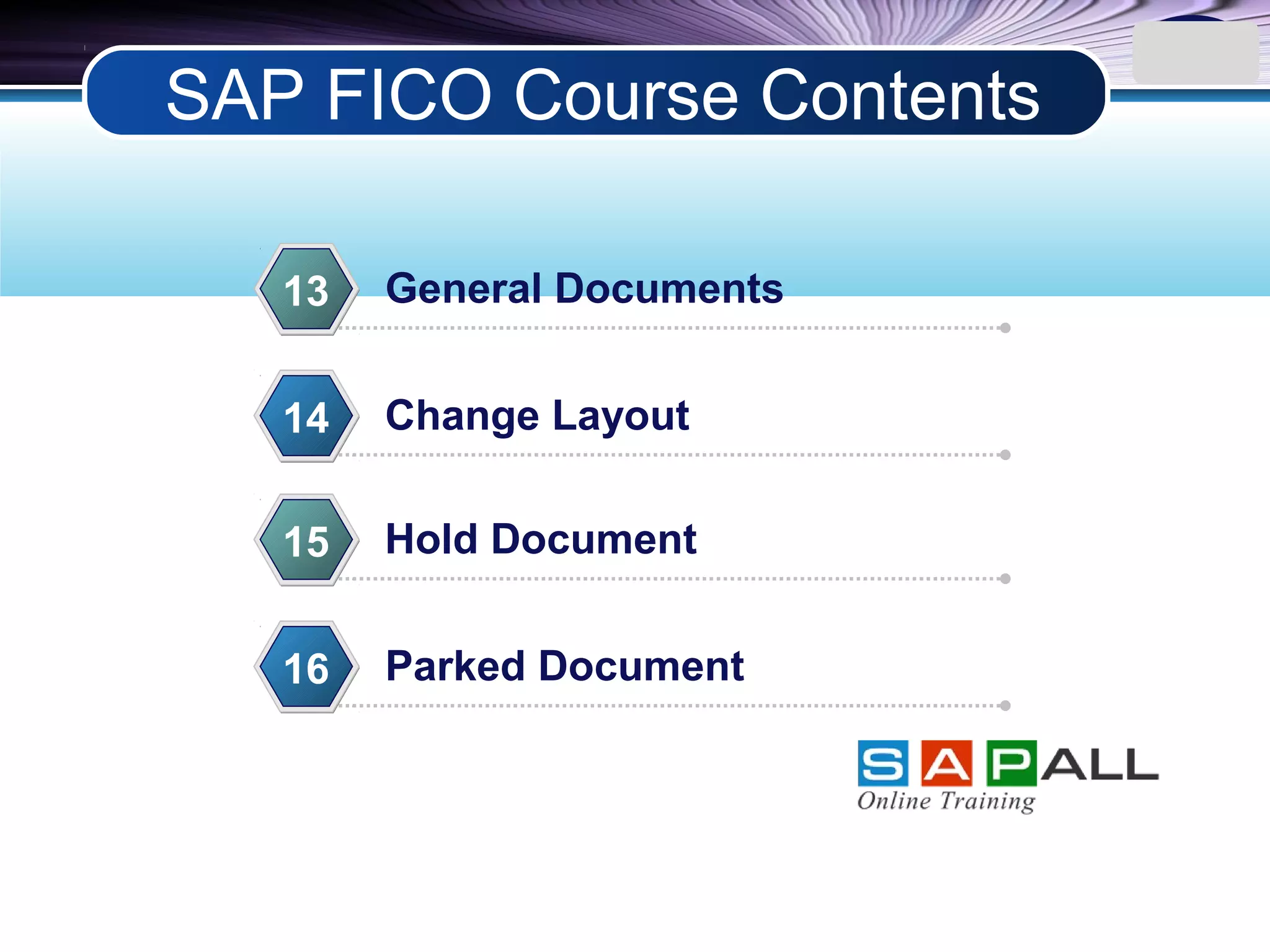 LOGO
General Documents13
Change Layout14
Hold Document15
Parked Document16
SAP FICO Course Contents
 