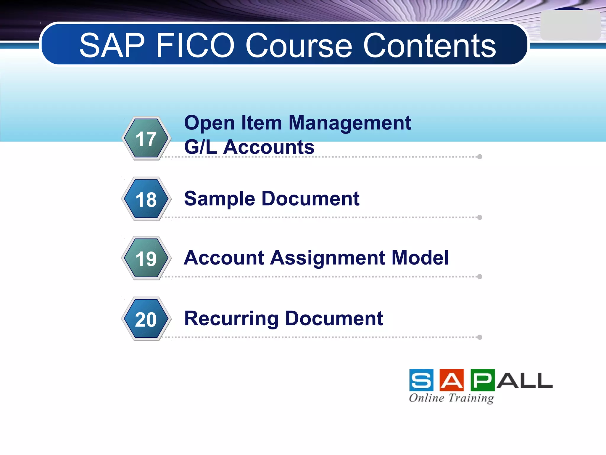 LOGO
Open Item Management
G/L Accounts17
Sample Document18
Account Assignment Model19
Recurring Document20
SAP FICO Course Contents
 