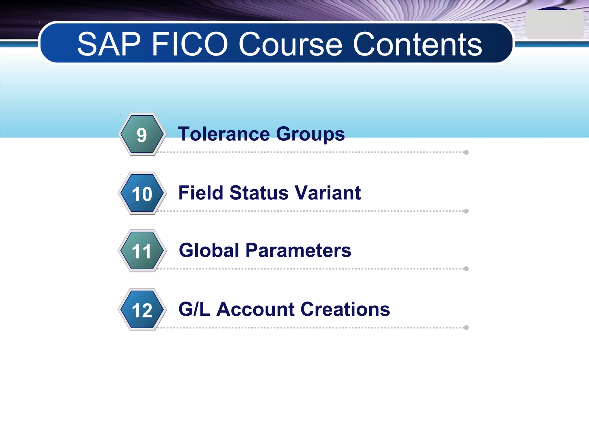 LOGO
Tolerance Groups9
Field Status Variant10
Global Parameters11
G/L Account Creations12
SAP FICO Course Contents
 