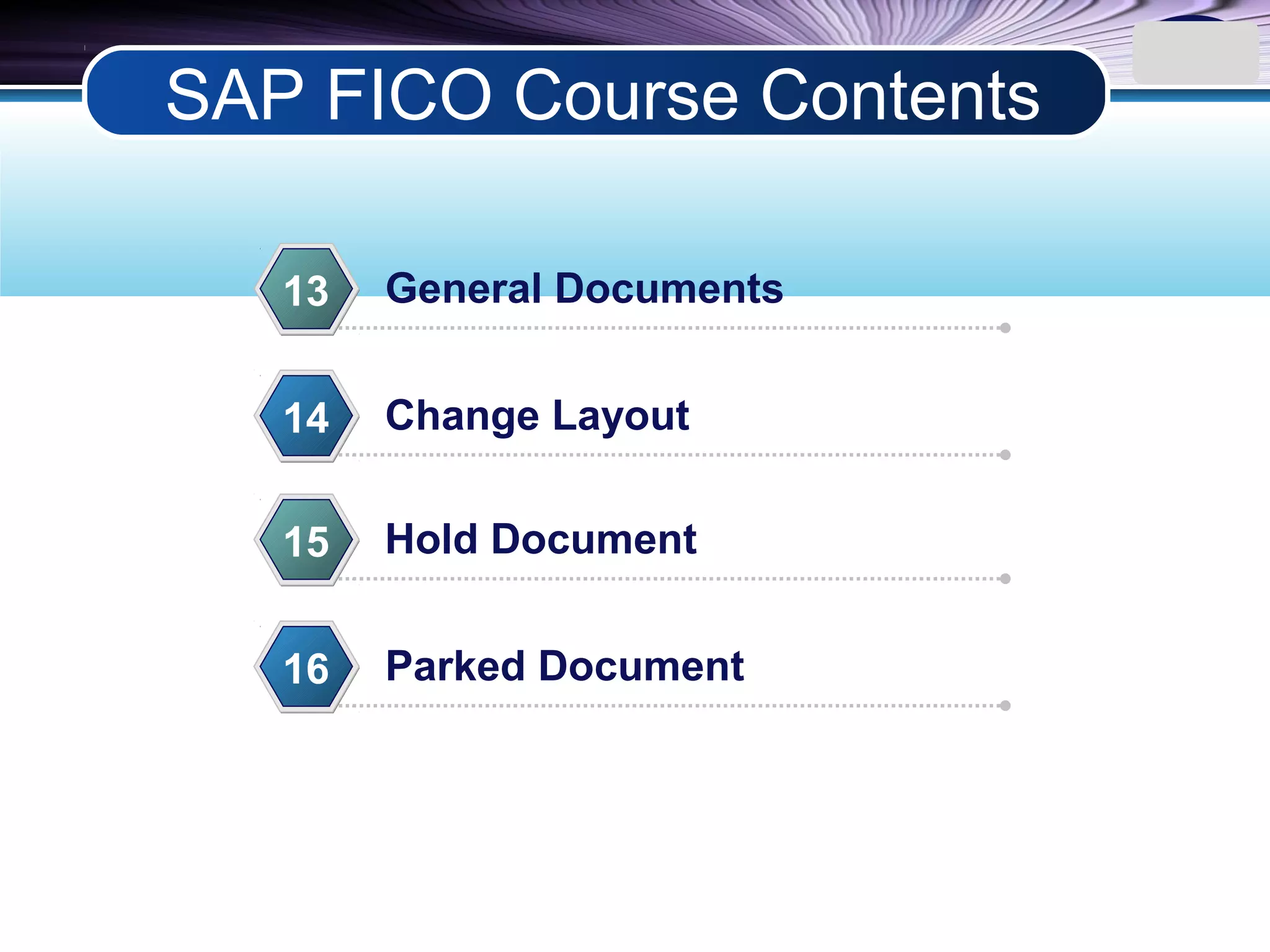 LOGO
General Documents13
Change Layout14
Hold Document15
Parked Document16
SAP FICO Course Contents
 