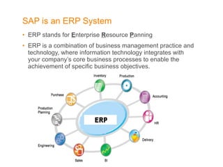 SAP is an ERP System ERP stands for  E nterprise  R esource  P anning  ERP is a combination of business management practice and technology, where information technology integrates with your company’s core business processes to enable the achievement of specific business objectives.  