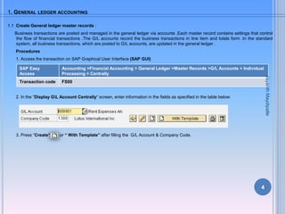 1. GENERAL LEDGER ACCOUNTING
1.1 Create General ledger master records :
Business transactions are posted and managed in th...