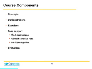 Course Components Concepts Demonstrations Exercises Task support Work instructions Context sensitive help Participant guides Evaluation 