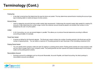 Terminology (Cont.) Posting Key A two-digit numerical key that determines the way line items are posted. This key determines several factors including the account type, type of posting (debit or credit) and layout of entry screens. Account Group Used to categorize accounts that have similar master data requirements. It determines the required master data needed for creating G/L accounts. It also determines the number range in which the customer account should be placed, and whether that number is to be assigned by the user or by the system. Ledger In G/L Accounting, you can use several ledgers in parallel. This allows you to produce financial statements according to different accounting principles, for example.  Fiscal Year Variant A period as defined by the financial calendar.  The fiscal year variant contains the number of posting periods in the fiscal year and the number of special periods.   You can define a maximum of 16 posting periods for each fiscal year in the Controlling component (CO).  Posting Period Variant You can specify which company codes are open for posting in a posting period variant. Posting period variants are cross-company code and you have to assign them to your company codes. The posting periods are then opened and closed simultaneously for all company codes via the posting period variants. Reconciliation Account Summary account for subledgers such as Accounts Receivable, Accounts Payable, and Asset Accounting. No direct postings to reconciliation accounts are allowed. 