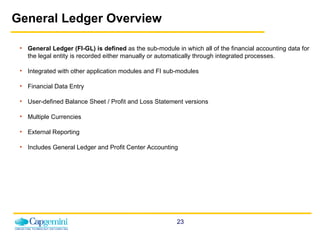 General Ledger Overview General Ledger (FI-GL) is defined  as the sub-module in which all of the financial accounting data for the legal entity is recorded either manually or automatically through integrated processes. Integrated with other application modules and FI sub-modules Financial Data Entry User-defined Balance Sheet / Profit and Loss Statement versions Multiple Currencies External Reporting Includes General Ledger and Profit Center Accounting 