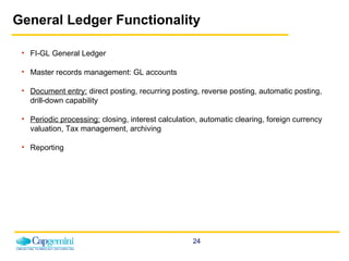 General Ledger Functionality FI-GL General Ledger Master records management: GL accounts Document entry:  direct posting, recurring posting, reverse posting, automatic posting,  drill-down capability Periodic processing:  closing, interest calculation, automatic clearing, foreign currency valuation, Tax management, archiving Reporting 