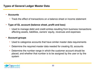 Types of General Ledger Master Data Accounts  Track the effect of transactions on a balance sheet or income statement Type of GL account (balance sheet, profit and loss) Used to manage debit and credit entries resulting from business transactions affecting assets, liabilities, owners’ equity, revenues and expenses Account groups Used to categorize accounts that have similar master data requirements Determine the required master data needed for creating GL accounts Determine the number range in which the customer account should be placed, and whether that number is to be assigned by the user or by the system 