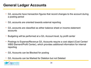General Ledger Accounts G/L accounts have transaction figures that record changes to the account during a posting period G/L accounts are oriented towards external reporting G/L accounts are classified as either balance sheet or income statement accounts Budgeting will be performed at a G/L Account level, by profit center Postings to Expense/Revenue G/L Accounts require a cost object (Cost Center/WBS Element/Profit Center), which provides additional information for internal reporting G/L Accounts can be Blocked for posting G/L Accounts can be Marked for Deletion but not Deleted 