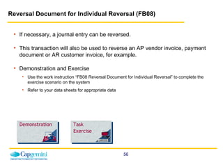 Reversal Document for Individual Reversal (FB08)   If necessary, a journal entry can be reversed. This transaction will also be used to reverse an AP vendor invoice, payment document or AR customer invoice, for example. Demonstration and Exercise Use the work instruction “FB08 Reversal Document for Individual Reversal” to complete the exercise scenario on the system  Refer to your data sheets for appropriate data Demonstration Task Exercise 